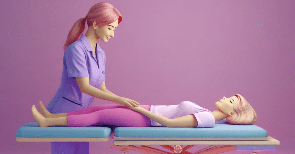 A female osteopath doing a treatment on a female, but they both look like barbie dolls