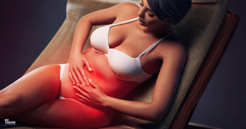 A woman holds her red inflamed pelvis in pain from pelvic inflammatory disease