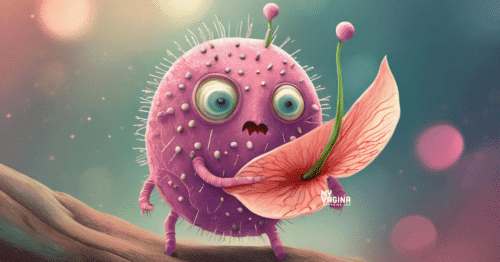 A super cute bacteria holds a broken flower and looks super sad. it's a true tragedy.