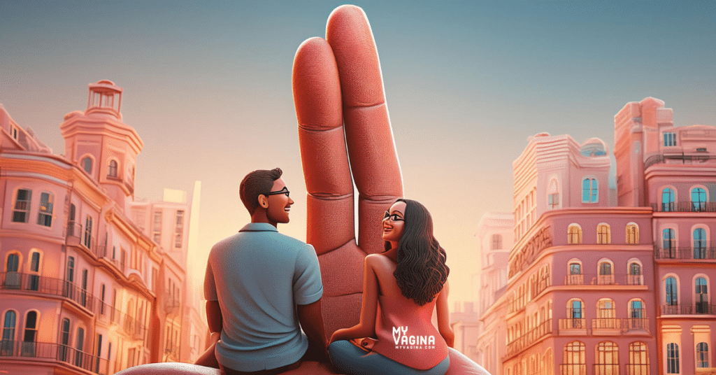 A young couple sit on a huge sculpture of two fingers in the middle of the city, as they contemplate her first fingering ever.