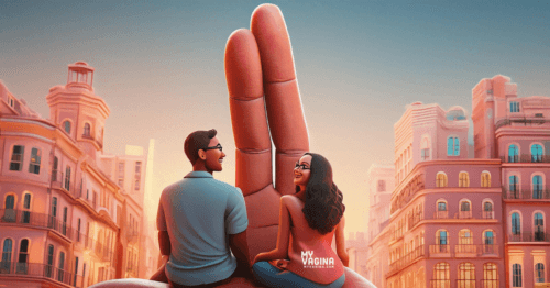 A young couple sit on a huge sculpture of two fingers in the middle of the city, as they contemplate her first fingering ever.