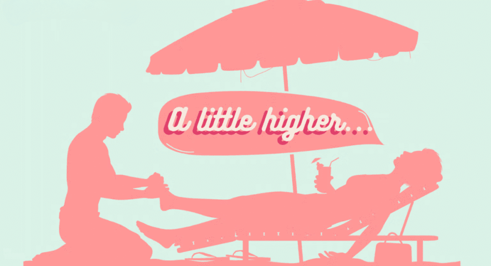 A woman lays back on a beach recliner and a therapist rubs her feet, and she says "A little higher..." for her yoni massage