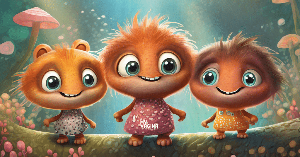 Three cute little monsters stand on a vine branch looking cute cute cute!