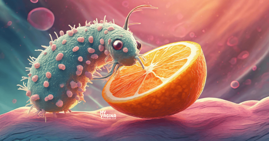 A cute friendly lactobacilli is sniffing and eating a freshly cut slice of orange.