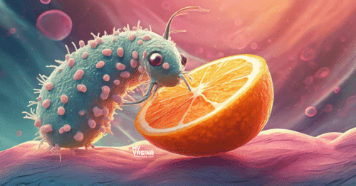 A cute friendly lactobacilli is sniffing and eating a freshly cut slice of orange.