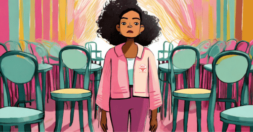 A woman standing up surrounded by chairs because she can't sit down.