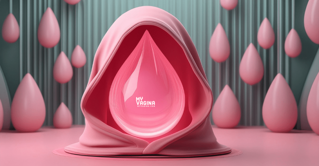 A pink hood surrounds a pink droplet which is meant to be the clitoris.