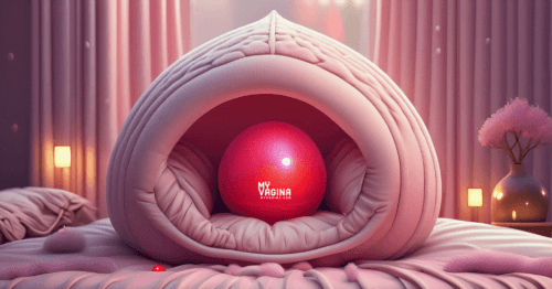 A snuggle thing, like what a beloved cat might sleep in, sits on a bed with a red ball sitting snug in the middle of it.