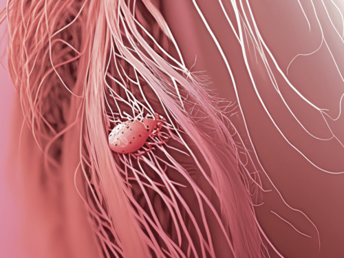 An image of a small pink pubic lice or crab on pink hair.