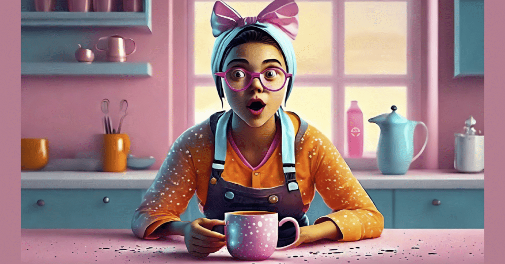 A teenage girl sits at her family home kitchen bench with a surprised look on her face, pink bow, glasses, cup of tea, wearing an apron.