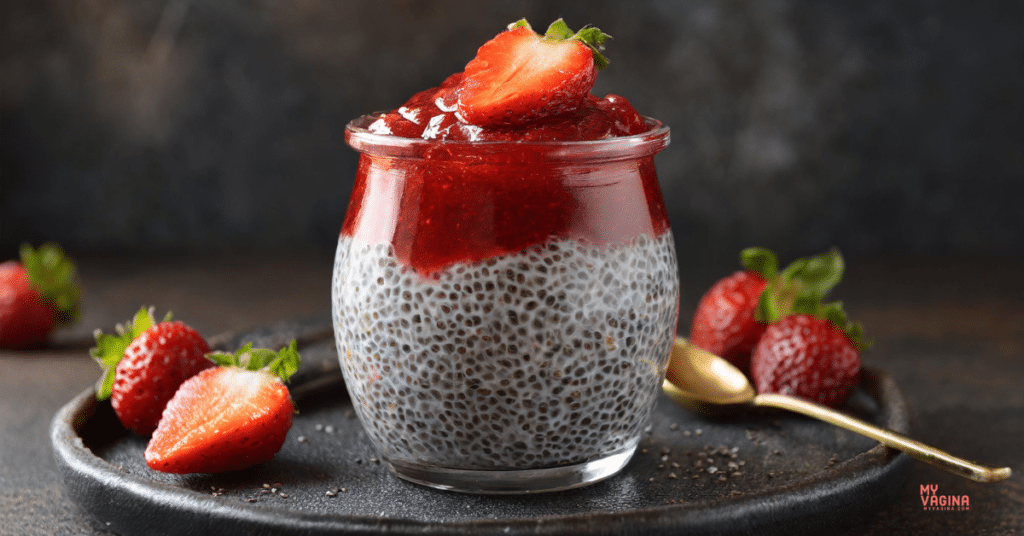 A very good looking little jar of chia pudding with strawberry "jam" on it. Luxurious!