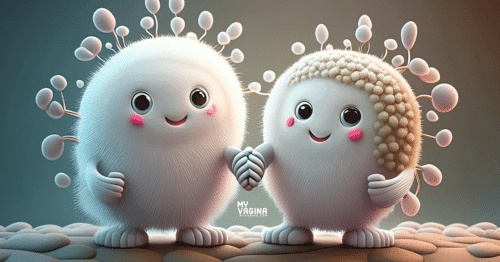 Two cute bacteria hold hands and discuss bad vaginal odour after sex, earnestly.