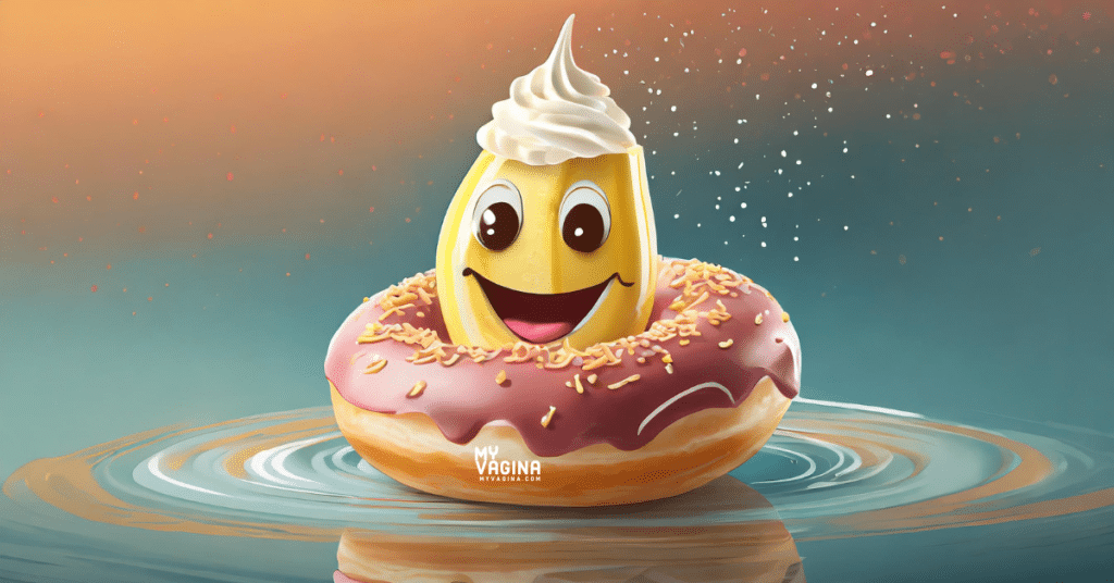 A banana sits in the middle of a donut with a dollop of cream on its head. It's grinning like mad.