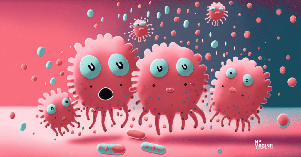 Three confused bumbly bacteria with antibiotics raining down on their heads.