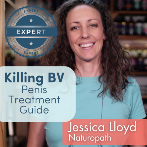 Jessica Lloyd smiles into the camera, title of the men/penis treatment guide for stopping the spread of bacterial vaginosis.