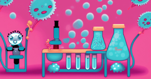 A cute little lab in hot pinks and blues.