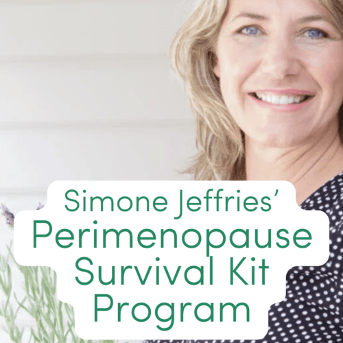 Perimenopause Survival Kit badge with Simone Jeffries behind with her beautiful smiling face!