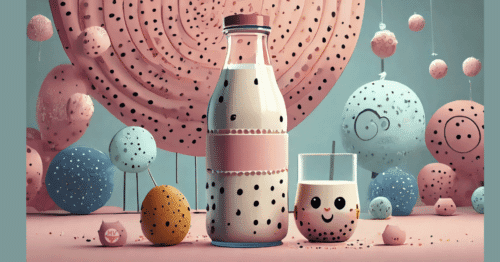 A cute bottle of milk and a glass of milk sit on a table with smiles on their faces!