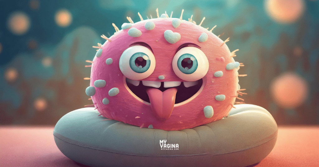 A very cute, but, considering the context, a bit creepy bacteria sits on a cushion staring ahead with a big grin and its tongue poking out.