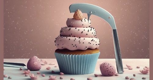 A cupcake has a razor poised over the top of it ready to scrape the cherry off the top, just like the LEEP procedure does to the outer layer of the cervix. Pink icing, blue cupcake holder.