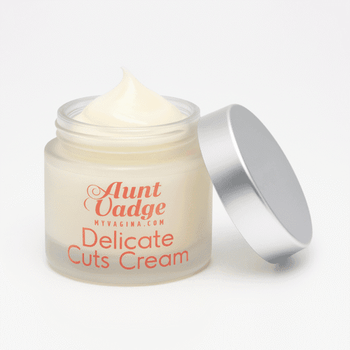 Frosted jar, cuts cream for vulva and labia to heal cuts and tears faster