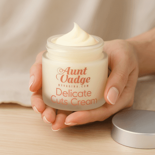 healthy hands hold Frosted jar, cuts cream for vulva and labia to heal cuts and tears faster