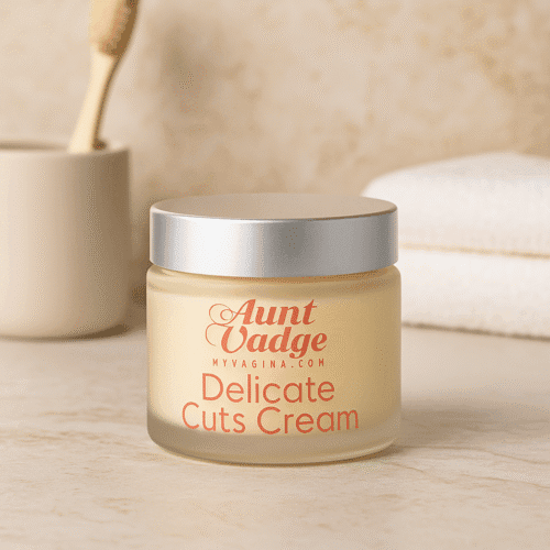 Frosted jar, cuts cream for vulva and labia to heal cuts and tears faster