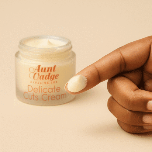 A woman's finger holds a dollop of vaginal cream for cuts and tears