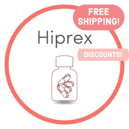 Red circle with badges saying Free Shipping and Discounts! with the word Hiprex, and a bottle of pills.