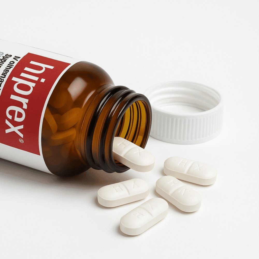 Hiprex tablets to treat UTIs spills out of the glass jar onto the table