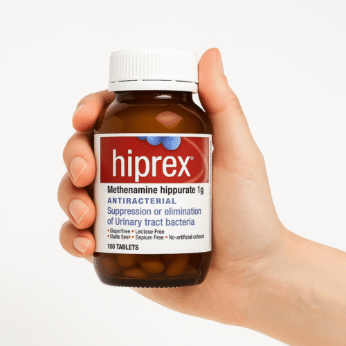 Hand holds Hiprex, to treat chronic or embedded UTI