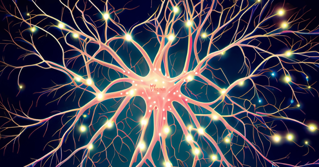 Lit up like the night sky, a neuron has little fairy lights on each of the strands. Very nice, like a christmas tree but a nerve ending!