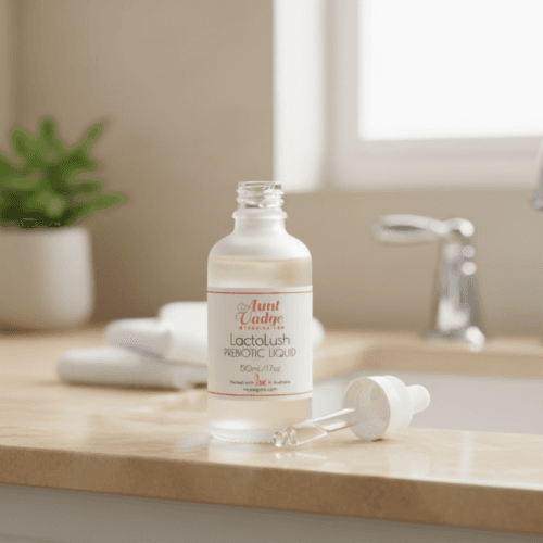 A bottle of LactoLush sits on a bathroom counter ready to improve someone's microbiome