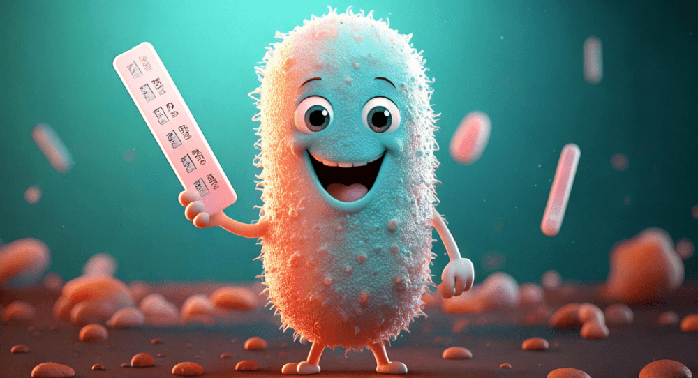 A cute bacteria holding a pH strip smiles at us.