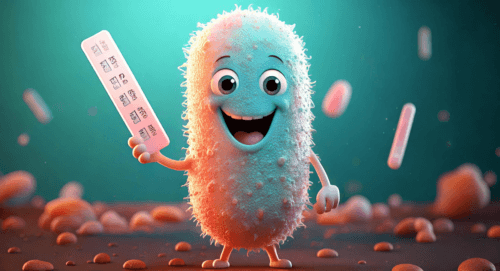 A cute bacteria holding a pH strip smiles at us.