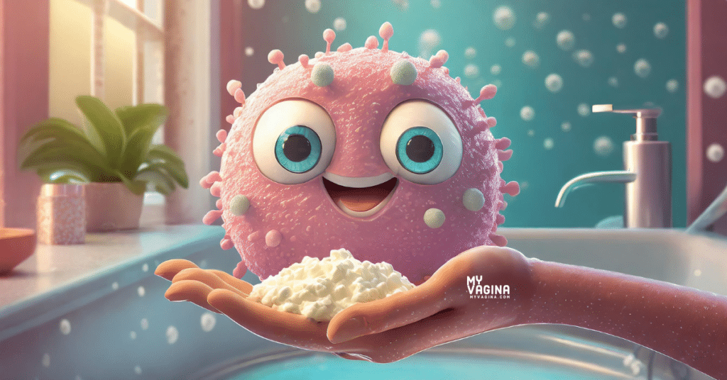 A super cute bacteria sits on a hand holding a pile of cottage cheese, and they're in the bathroom for no particular reason. It was that or toast.