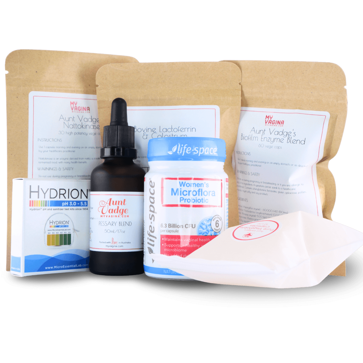 Four-pronged approach fixer box vaginas BV treatment - biofilm busters, lactoferrin, probiotics, pH strips, capsules if needed and antimicrobial of your choice