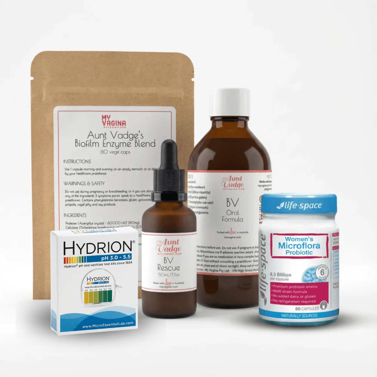The Four-Pronged Approach Fixer Box kit — antimicrobial blend, biofilm support, oral herbal formula, probiotic and pH strips
