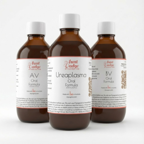 The oral herbal formula options (BV, AV and Ureaplasma) in their bottles