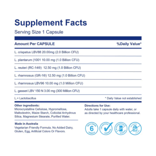 A grid of the Life-space Women's Microflora Probiotic supplement facts, which can be found in text in the long product description.