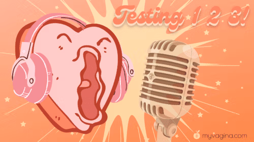 Cartoon of a cervix character wearing headphones and singing into a vintage microphone, captioned 'Testing 1 2 3!', on PCR and NGS vaginal testing