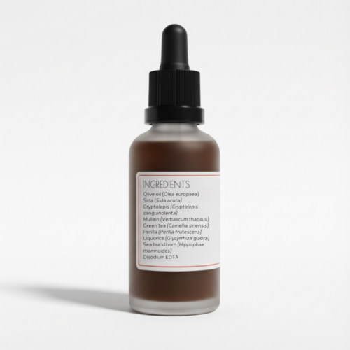 AV Rescue ingredients label: sida, cryptolepis, mullein, perilla, green tea, liquorice, sea buckthorn and sweet almond oils