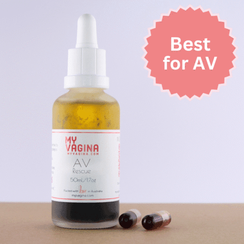 AV Vaginal Pessary bottle with two full capsules next to it.