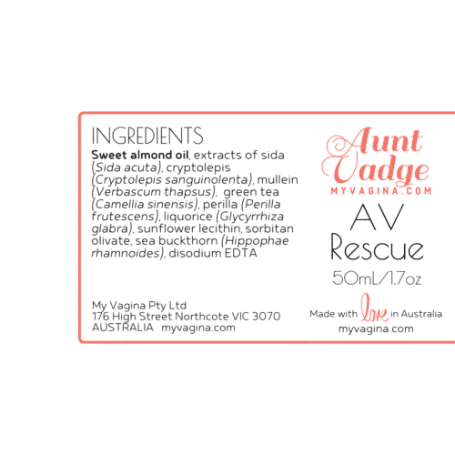 Aunt Vadge's AV Rescue label with effective aerobic vaginitis ingredients