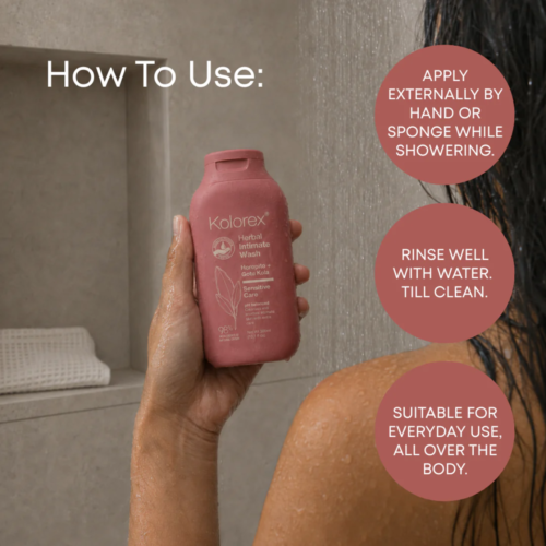 Pink bottle of Kolorex Intimate Wash how to use instructions