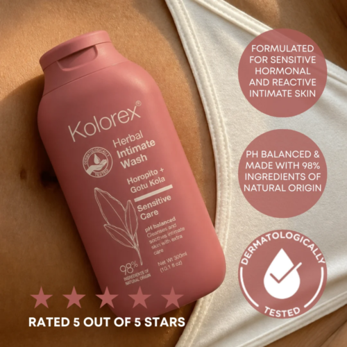 Pink bottle of Kolorex Intimate Wash benefits