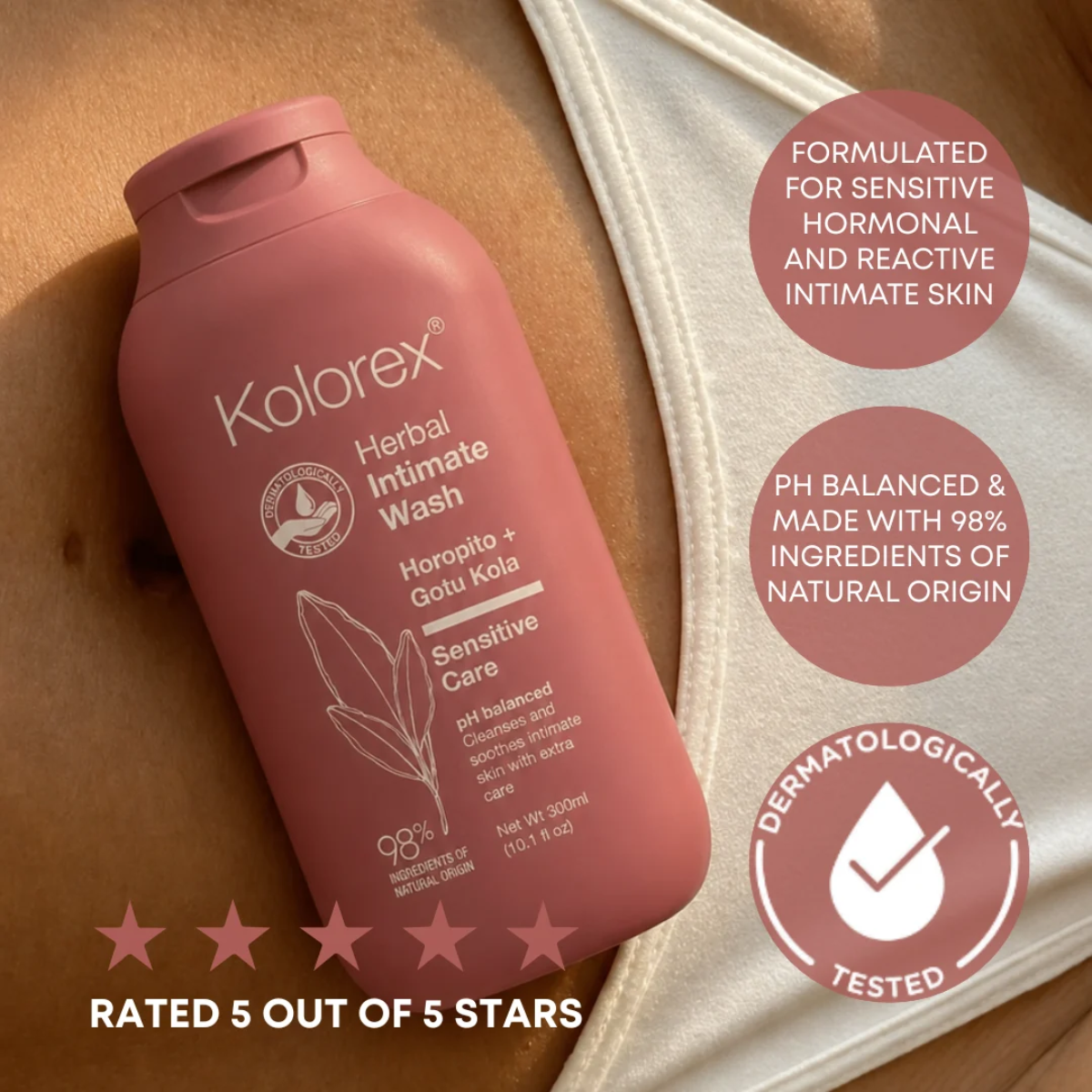 Pink bottle of Kolorex Intimate Wash benefits