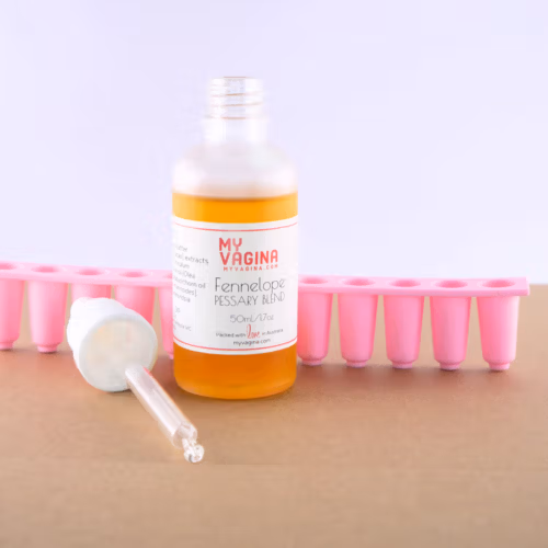 The Fennelope bottle is gorgeous and the liquid gold inside is an orange colour, due to the sea buckthorn oil. The clear bottle sits up against the free pink suppository mould, with the eye dropper for easy administration.