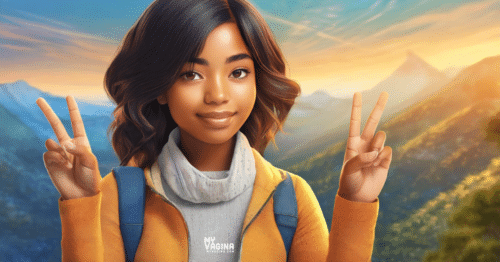 A young woman gives the double peace sign from a mountain top.