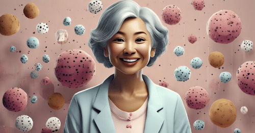 A Japanese woman smiles into the camera wearing a blue blazer and pink shirt, with short hair and spotty bubbles behind her.